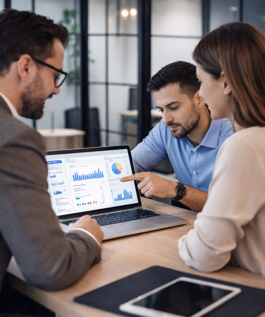 Trois collaborateurs analysent des données et des tableaux de bord sur un ordinateur portable lors d’une réunion professionnelle.